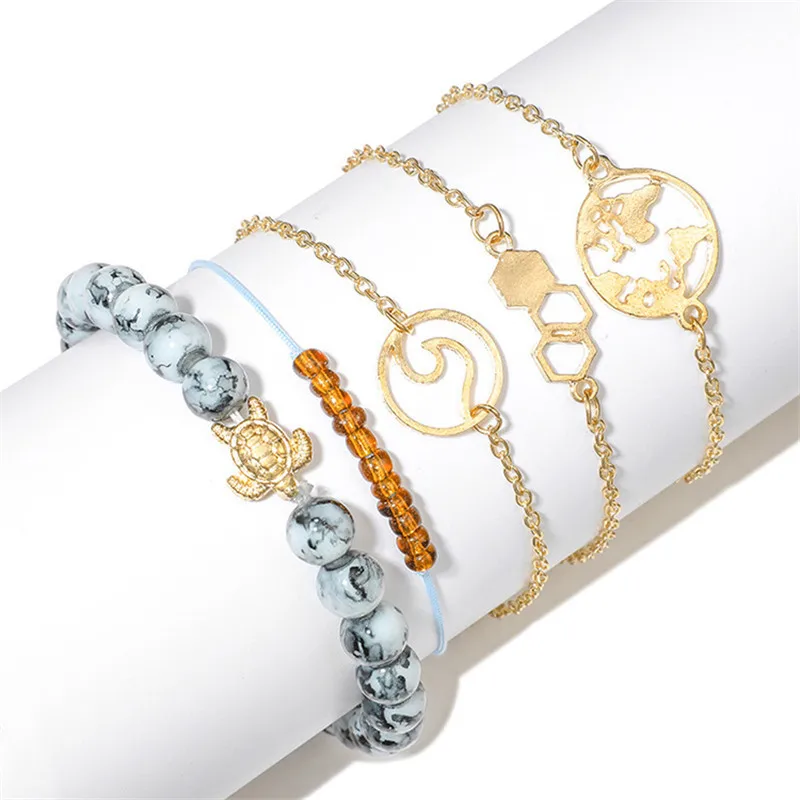 Anklet Simple Line Beads Map Turtle Ball Hollow Round Hexagon Bracelet Summer Female Anklet Five-piece cavigliera