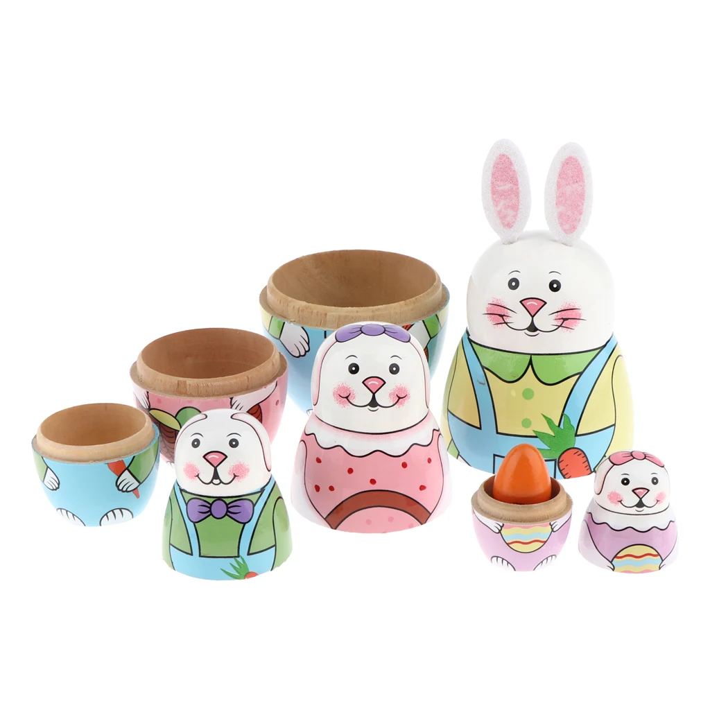 Lovely 5 Pieces Wooden Cute Hand Animal Painted Russian Nesting Dolls Table Decoration Kids Birthday Gifts Rabbit