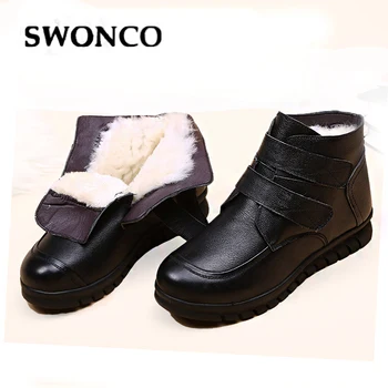 

SWONCO Wool Fur Shoes Women Winter Snow Boots Genuine Leather 2019 New Black Mother Sneakers Shoes Ankle Boots Female Bottine