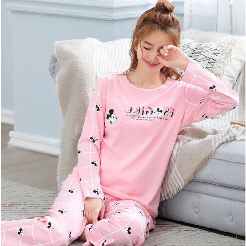 

100% Cotton Womens Long Sleeve Pajamas Sets2 pcs Suit Pyjamas Women Lounge Lovely Cartoon Pijama Spring And Autumn Nightwear