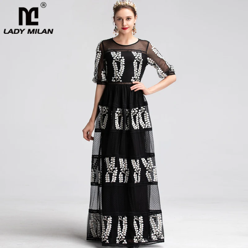 

Lady Milan Women's Runway Dresses O Neck Half Sleeves Embroidery Tiered Hollow Out Maxi Long Designer Party Fashion Dresses