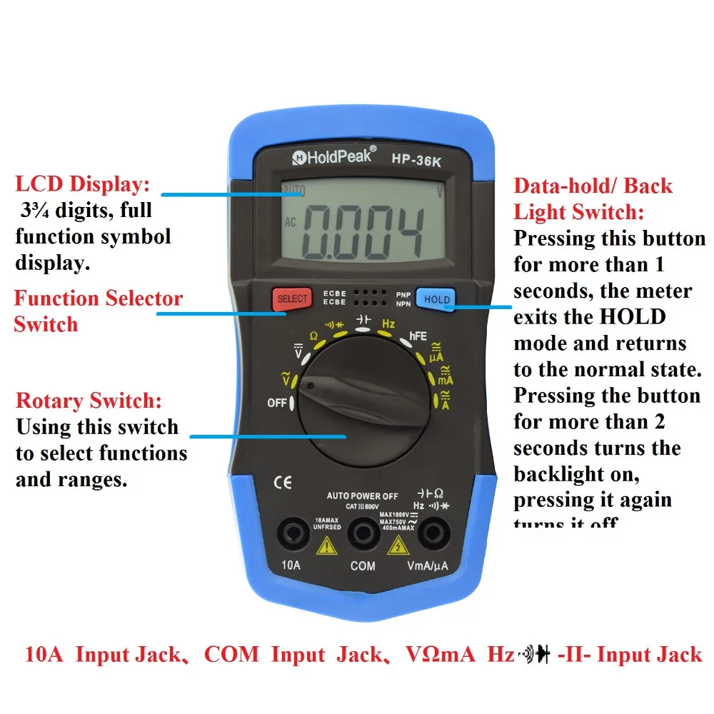 тестер мультиметр цифровой Holdpeak HP 36K AD / DC авто диапазон портативный тестер|multimeter