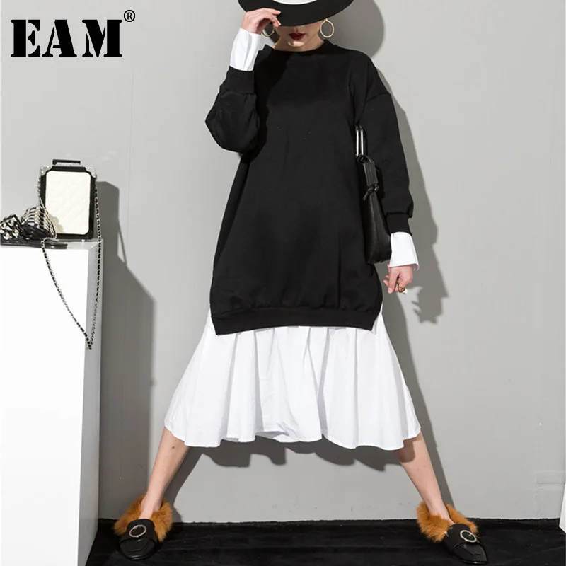 

[EAM] 2019 New Spring Solid Color Round Neck Long Sleeve Black White Split Joint Women Korean Sweatshirts Dress AS20941