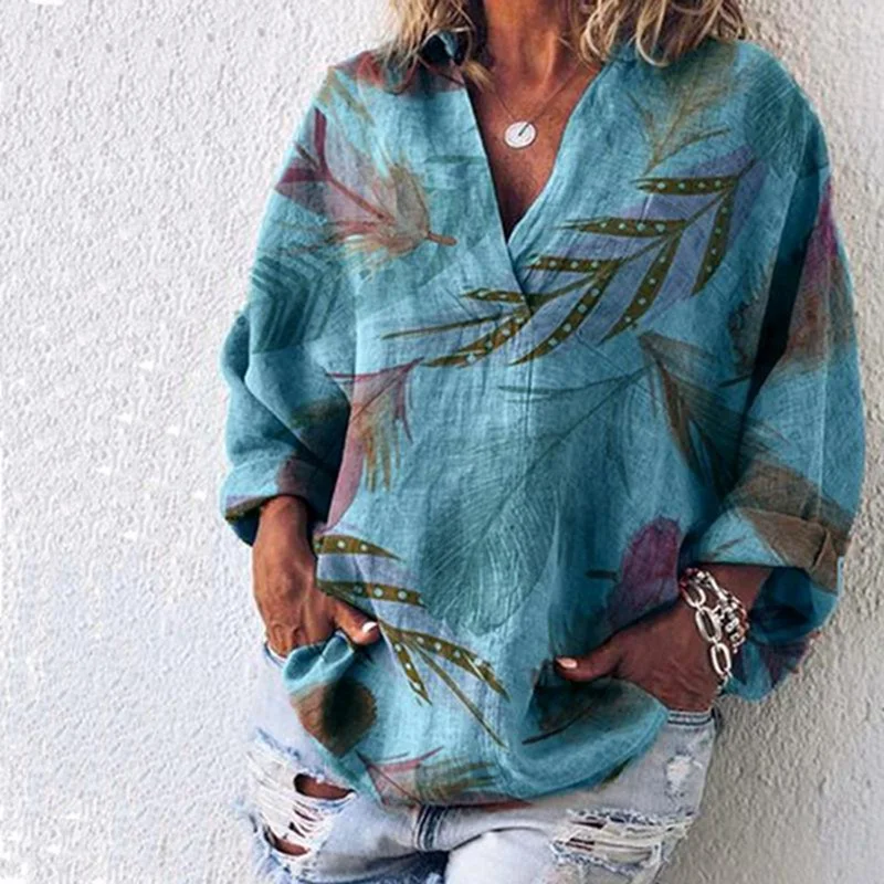 Laamei, весна-осень, Женская Повседневная рубашка с длинным рукавом и принтом в виде листьев, свободные женские блузки с v-образным вырезом, топы размера плюс, весенние Блузы