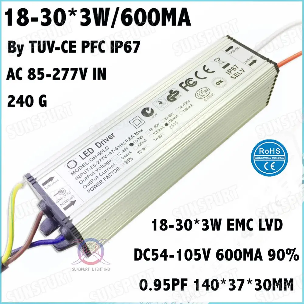 

2 Pcs By TUV-CE IP67 PFC 60W AC85-277V LED Driver 18-30Cx3W 600mA DC54-105V Constant Current Power For Spotlights Free Shipping