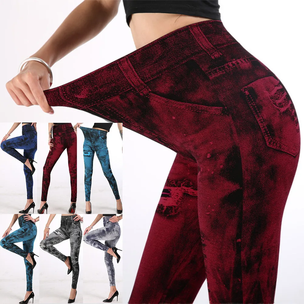 

Imitation Jeans Leggings Denim Slim Pants For Women's With Pockets Body Imitation Cowboy Slim Fitness Bodycon Leggings Trousers