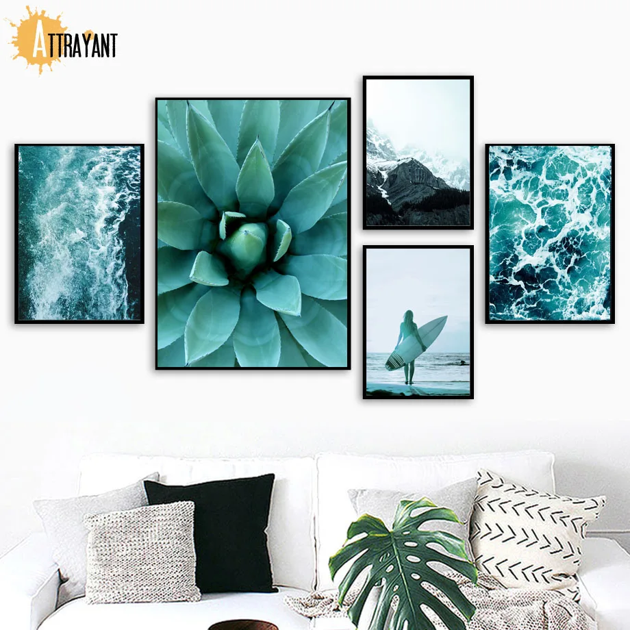 

Sea Wave Succulents Agave Girl Landscape Wall Art Canvas Painting Nordic Posters And Prints Wall Pictures For Living Room Decor
