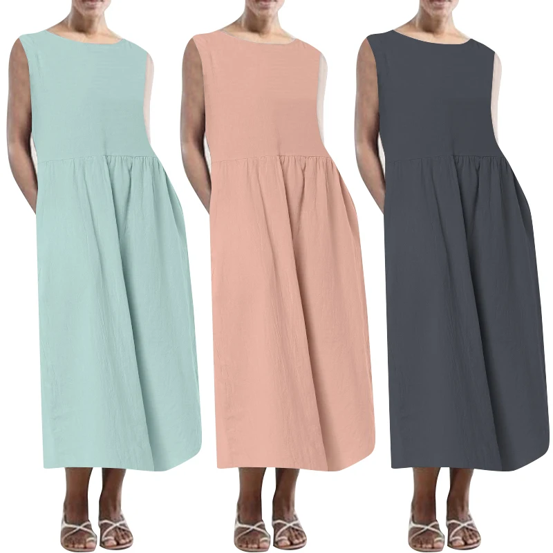 Размера плюс ZANZEA летние женские повседневные однотонные с коротким рукавом из хлопка и льна вечерние свободные тонкие длинные платье-сарафан халат Femm