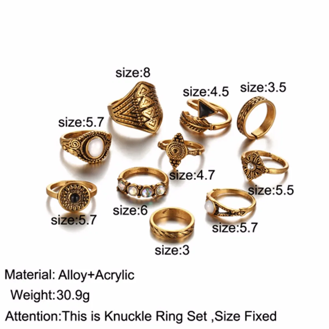 10pcs/set Vintage Steampunk Ring Sets Shellhard Punk Leaf StoneStacking Midi Finger Ring for Women Jewelry Female Anillos