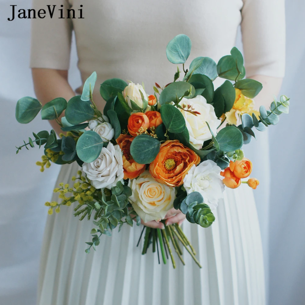 JaneVini Vintage Orange Wedding Bouquets Bridal Flowers Real Touch Artificial Silk Roses Ramo De Novia Bride Wedding Accessories