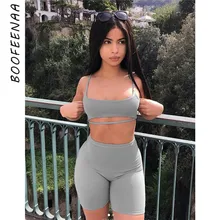 BOOFEENAA Sexy corto conjunto de dos piezas de cultivo Tops y pantalones cortos de estilo motero gris negro Bodycon conjuntos de ropa de verano para mujeres C83-I71