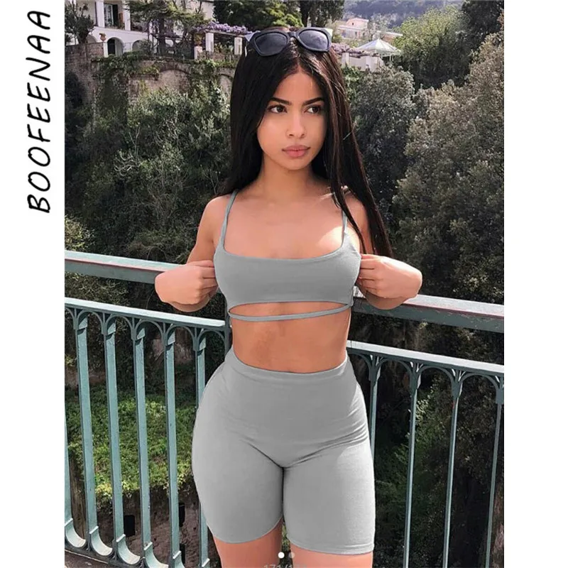 BOOFEENAA مثير قصيرة اثنين من قطعة مجموعة المحاصيل قمم و السائق السراويل رمادي أسود Bodycon مطابقة مجموعات ملابس الصيف للنساء C83-I71 BOOFEENAA مثير قصيرة اثنين من قطعة مجموعة المحاصيل قمم و السائق السراويل رمادي أسود Bodycon مطابقة مجموعات ملابس الصيف للنساء C83-I71