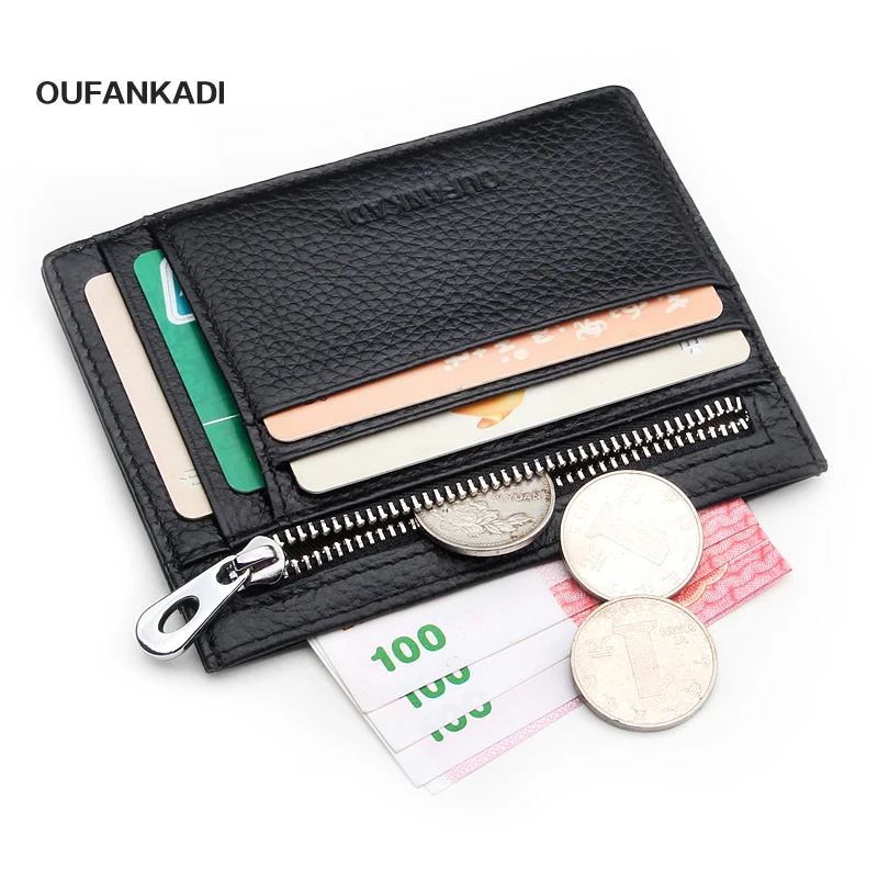 

Oufankadi Men's Genuine Leather Slim Card Holder Brand Designer Credit Cards Organizer Small Thin Zipper Purse