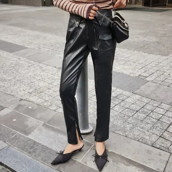 

2020 women's Faux Leather High Waist Pencil Pants Female Rivet Solid Color Zippers Trousers Lady Pu Fashion Pocket Pantalones