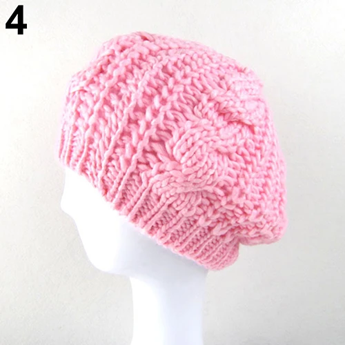 Pink Женские милые вязаные крючком Теплые однотонные берет художника Мешковатые шапочки зимняя шапка подарок - Цвет: Pink