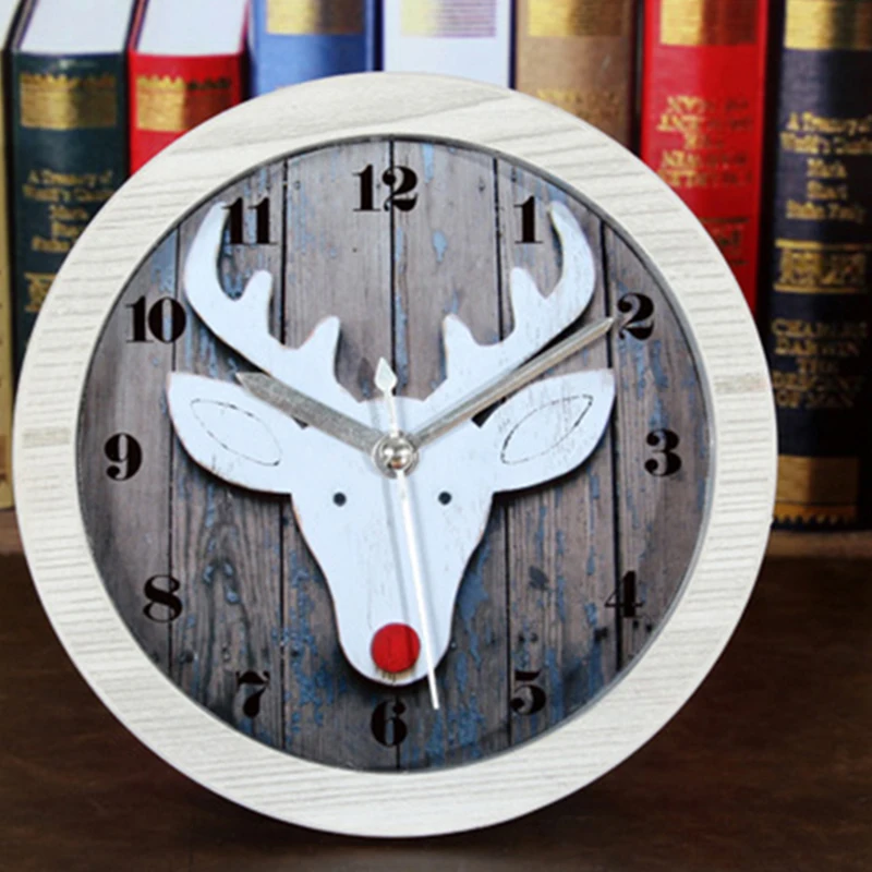 Retro Wooden Alarm Clock Creative Deer Head Pattern Alarm Clock Village