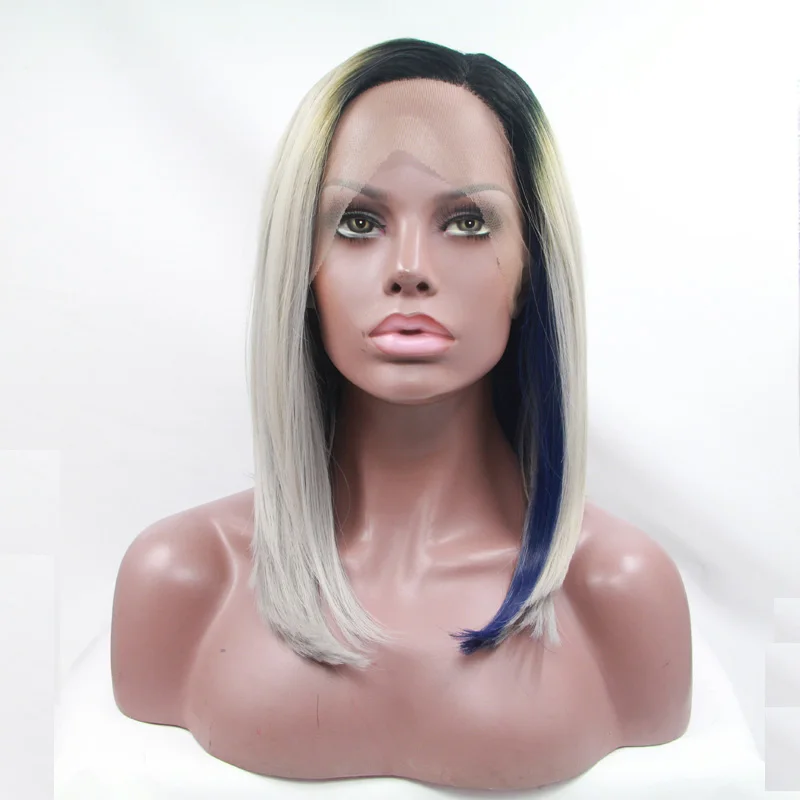 

New style high quality silver ombre silky straight wig short bob synthetic lace front wig heat resistant fiber hair