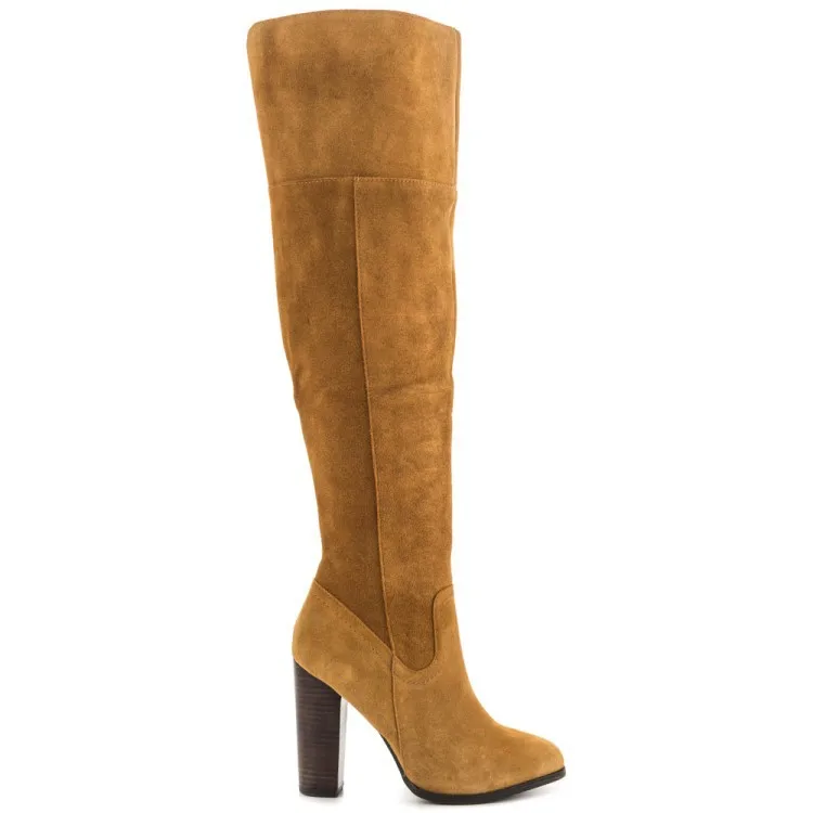 

Vintage women boots 2018 yellow black suede high qulity knee high boots stiletto Thick heel high heels over the knee boots girls