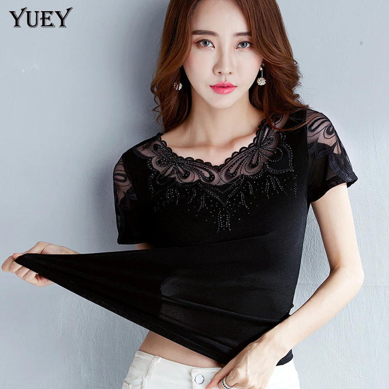 

YUEYUAN 2019 Summer New M to 4XL Large Size Women Tops Lace Embroidered T-Shirt Thin Perspective Hot drilling Bottoming Shirt