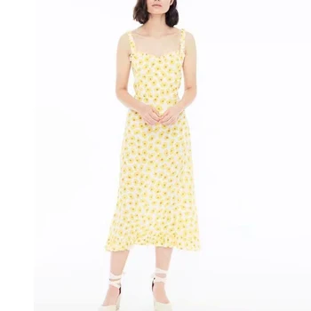 

Summer Elastic Sun Flower Printed Ruched Spaghetti Strap Women Sexy Mid-claf Dress Summer Holiday Wear Women Dress