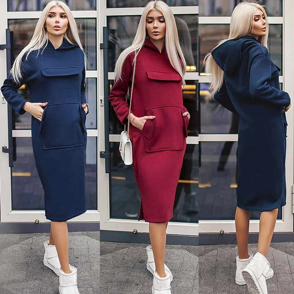 

New Fashion Brand Winter Lady Women Warm Hoody Solid Sweatshirt Pullover Dress Pullover Hoodie Tops