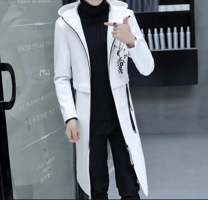 M~ 3X Новинка мужская одежда осеннее и зимнее Удлиненное пальто Корейская версия тренда личности длинная PU ветровка - Цвет: white Hooded