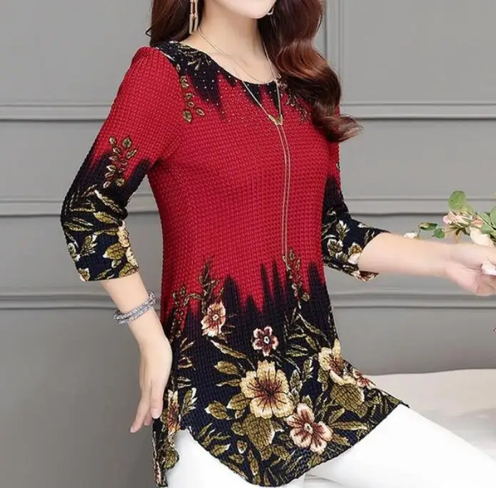 

2019 New Fashion Summer Slim floral long Shirt Female Casual Slim Color Plus Size elegant Printed Blouse S-4XL Round neck