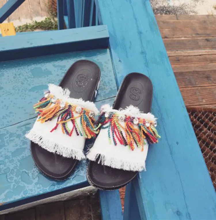 New Summer Colorful Fringed Leather Flat Heel Open Toe Slip Shoes Ladies Casual Slipper 2016 Woman Leisure Footwear Cheap48