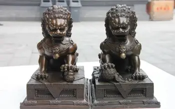 

China Pure Copper Bronze Guardian Evil Beast Foo Fu Dog Door Lion Sculpture Pair