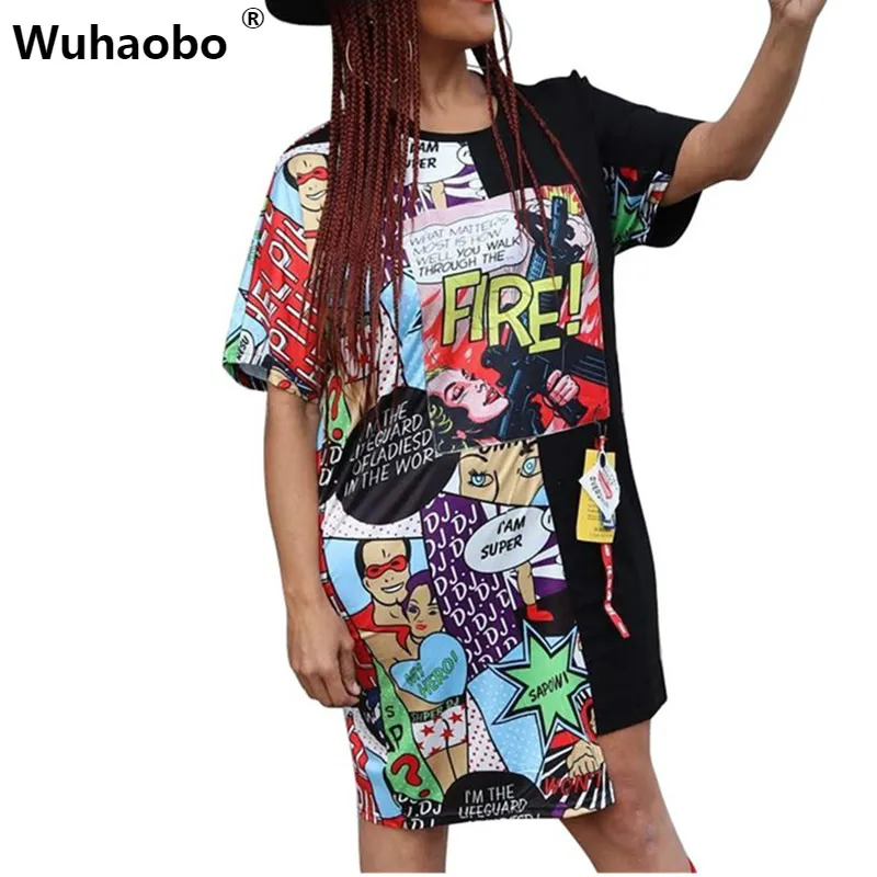 

Wuhaobo TShirt Dress Women Funny Print Summer Dress Cartoon Hip-Hop Fire Letters Irregular Dress Ladies Streetwear Vestidos Robe