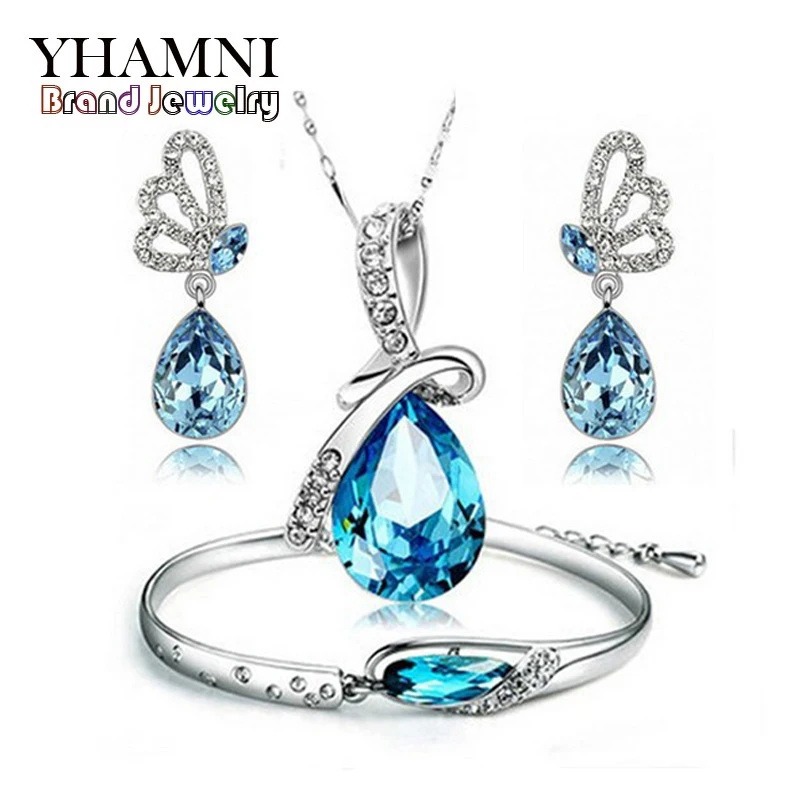 

YHAMNI Fashion White Gold Color Jewelry Sets For Women Blue Crystal Necklace Earrings Bracelet Bridal Jewelry Sets YS035