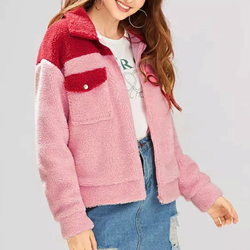 

woman winter sweet Zipper coat plus size Wool pink fresh Warm Cotton Pachwork Outwear Casual Pocket harajuku new hot Pockets
