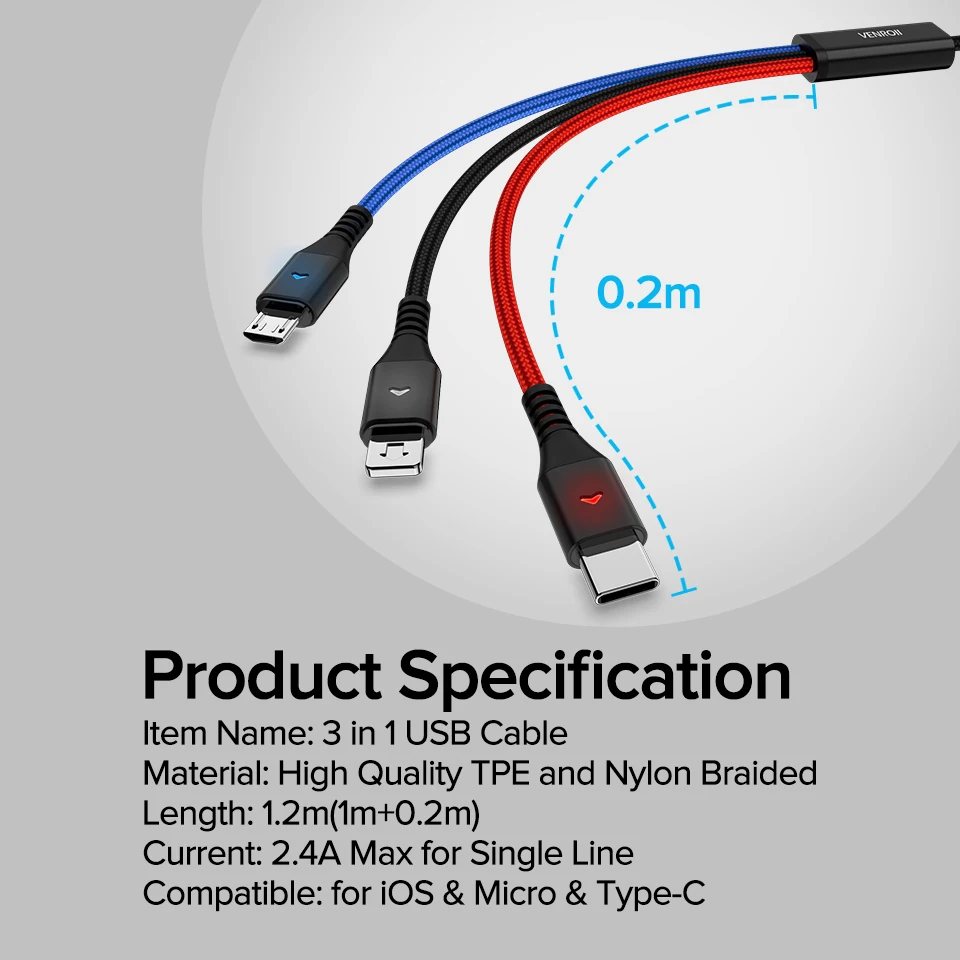 Venroii USB 3 in 1 Micro Cable Type C Kable Android Phone Cord for Xiaomi Redemi Note 7 K20 USBC Wire for Samsung Oneplus 7 Pro