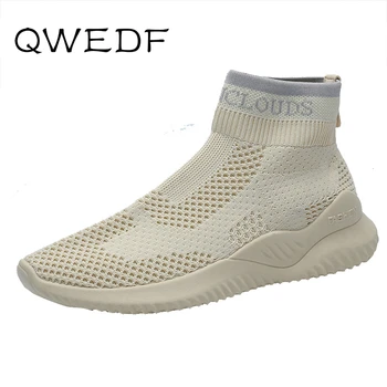 

QWEDF Walking Shoes Women Knit Upper Breathable Sport Shoes Sock Boots Woman Chunky Shoes High Top Shoes For WomenN1-72
