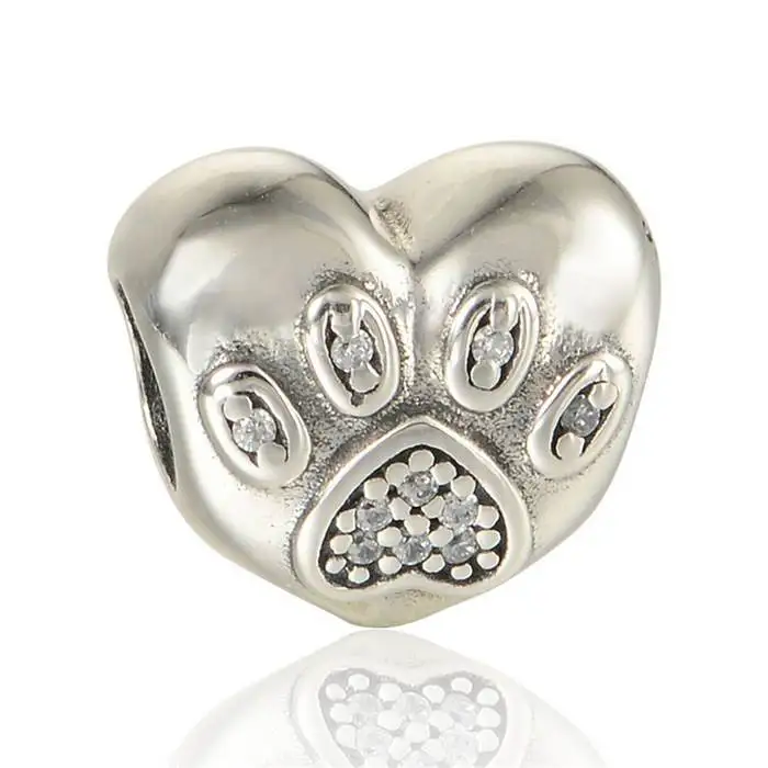 

925 Sterling Silver I Love My Pet Paw Prints Footprints Heart Charm Beads with AAA Cubic Zirconia Fit Pandora Bracelets DIY