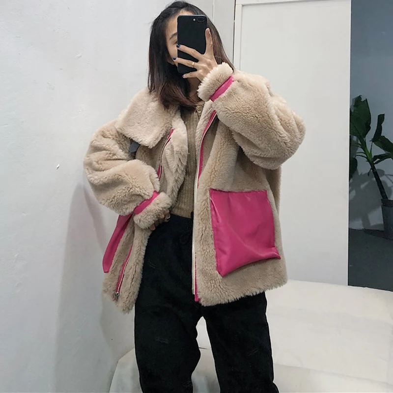 

Oversize coat natural sheep fur jacket women winter plus size parka with Leather bag thick warm overcoat abrigo mujer clothing