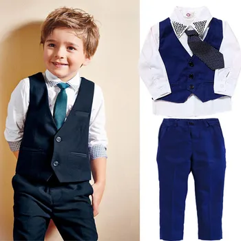 

2019 Spring Formal Baby Boys 4pcs Gentlemen Clothing Set Vest Waistcoat+Tie+Under Shirt+Pants Children Kids Suit Hot Sale