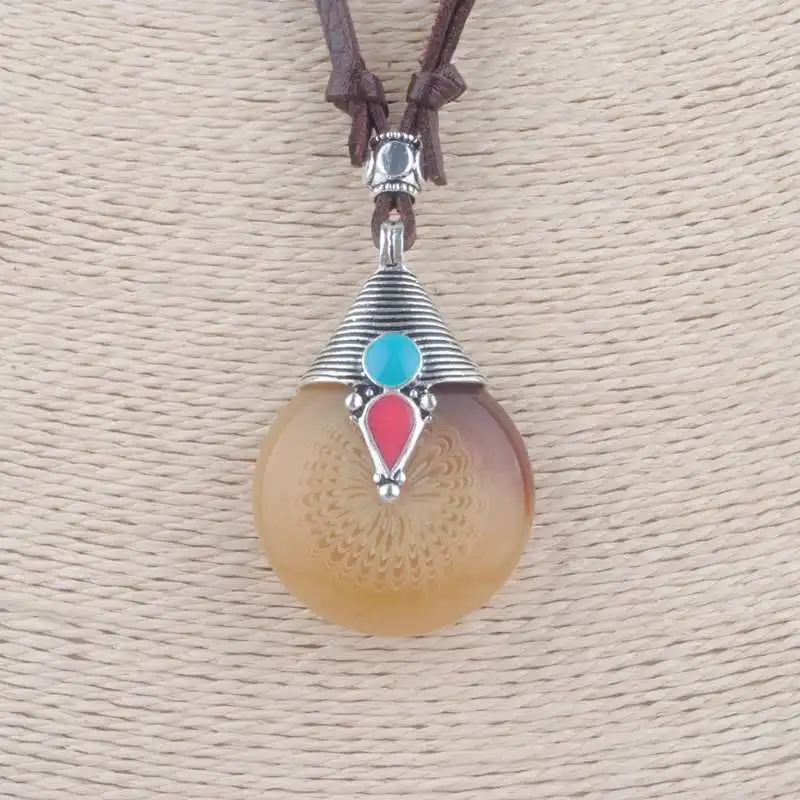 

New Resin Wax Necklace Pendants Imitation Honey Water Drop Oriental Nepal india Amulet Tibetan silver Necklaces