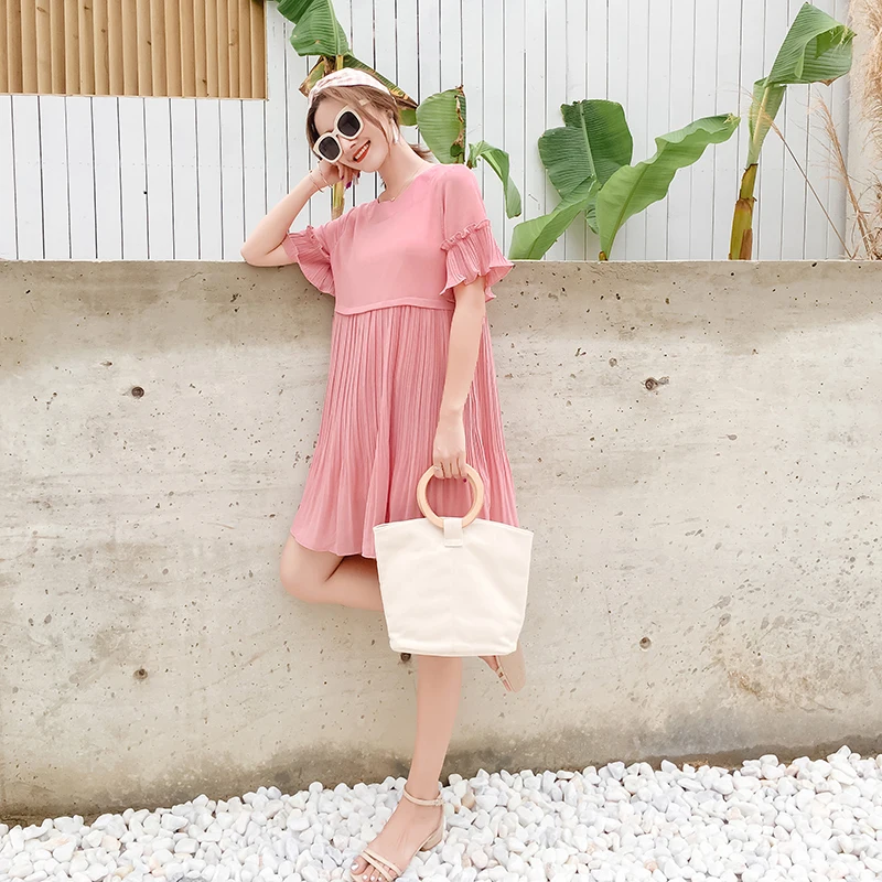 

2019 summer new maternity chiffon loose pleated dress solid color plus size short sleeve pregnant women sweet dresses wholesale
