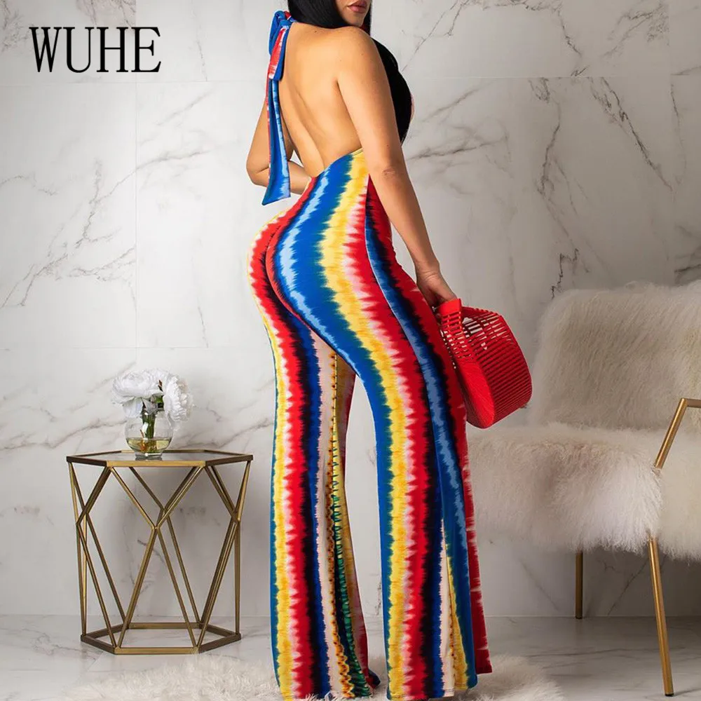 WUHE Retro Sleeveless Open Back Halter Jumpsuits Summer Sexy Hollow Out Wide Leg Playsuits Femme Casual Party Dyeing Bodysuits WUHE Retro Sleeveless Open Back Halter Jumpsuits Summer Sexy Hollow Out Wide Leg Playsuits Femme Casual Party Dyeing Bodysuits