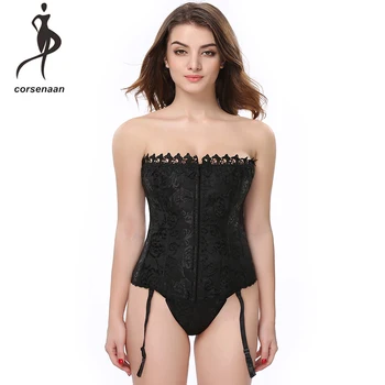 

Black Women Jacquard Overbust Corselet Hollow Out Spandex Bustier Corset With Suspender Belts 895#
