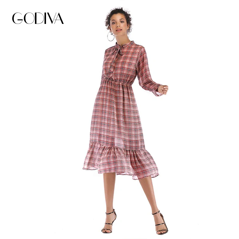 Women Plaid Dress Slim Ruffled Chiffon Bow Dresses Long Sleeve Elastic Waist Retro Maxi Dress Beach vestidos de fiesta Women Plaid Dress Slim Ruffled Chiffon Bow Dresses Long Sleeve Elastic Waist Retro Maxi Dress Beach vestidos de fiesta