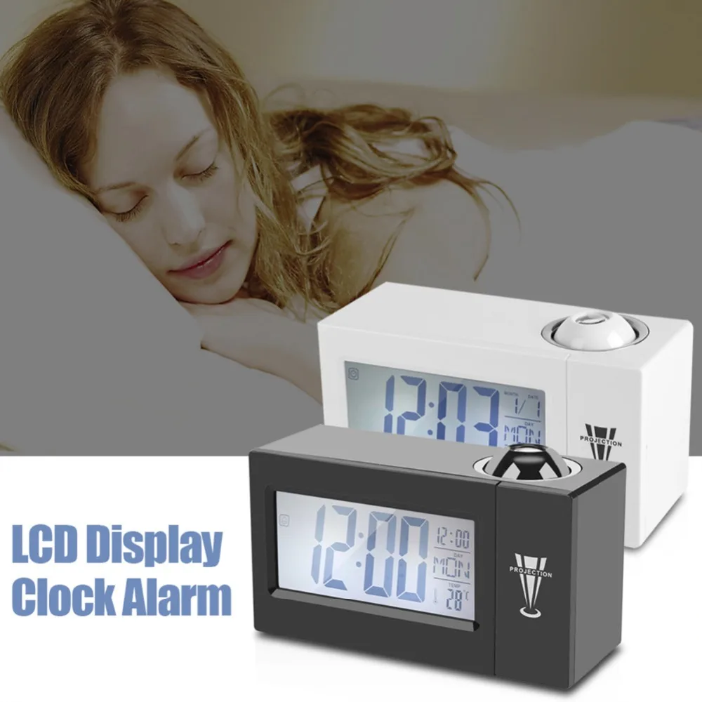 TFBC Lcd Screen Digital Led Projection Alarm Clock Calendar Temperature Humidity Wake Up Snooze Function Table Desk Clock Nigh