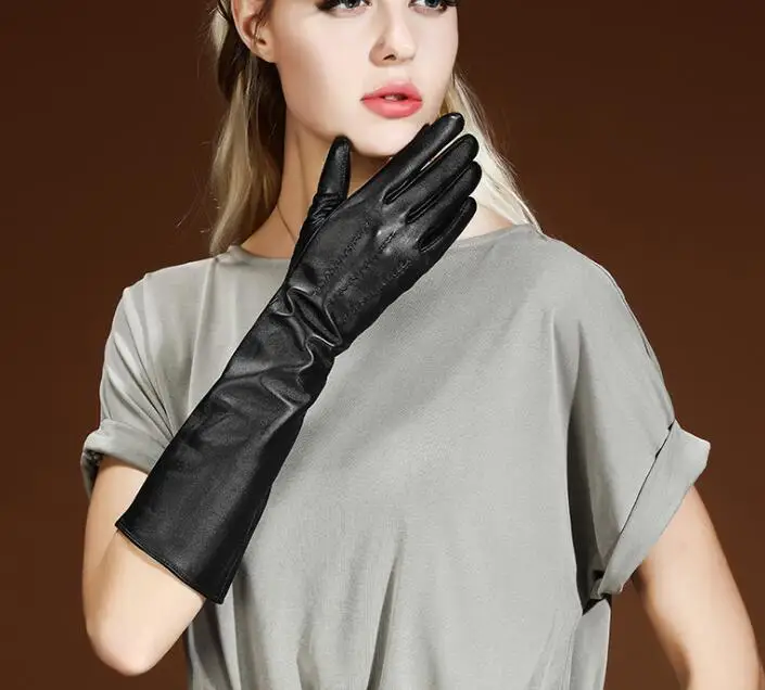 Для женщин на осень-зиму Длинные натуральная кожа перчатки женские длинные утепленные натуральной овчины кожаные водительские перчатки R415 - Цвет: thin lining 40cm