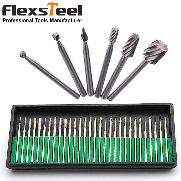 30PCS Diamond Burrs Set Drill Bit+6PCS Routing Router Drill Bits Dremel