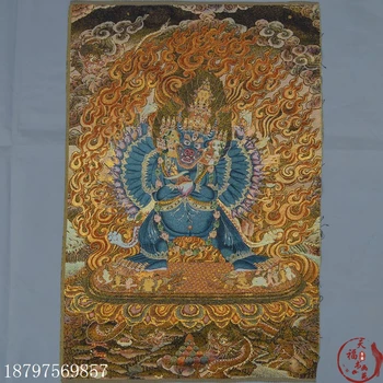 

Christmas Tibet Thangka Silk Embroidered Brocade Gold Silk Embroidery Six Arms Black Maha Halloween