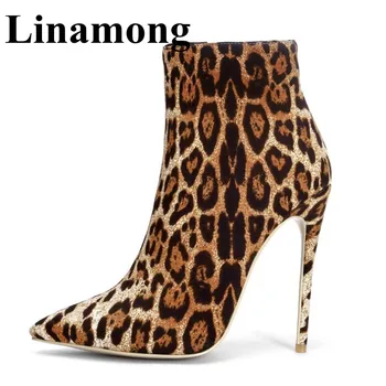 

Hottest Leopard Fashion Flock Sexy Pointed Toe And 12CM High Heel Side Zipper Ankle Shoes Winter Women Boots Top