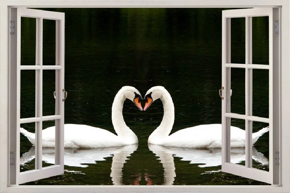 3D Effect Window View WALL STICKERS Couple Swans Vinyl Decal Decor Mural Kitchen Bathroom motorbike wall art | Дом и сад