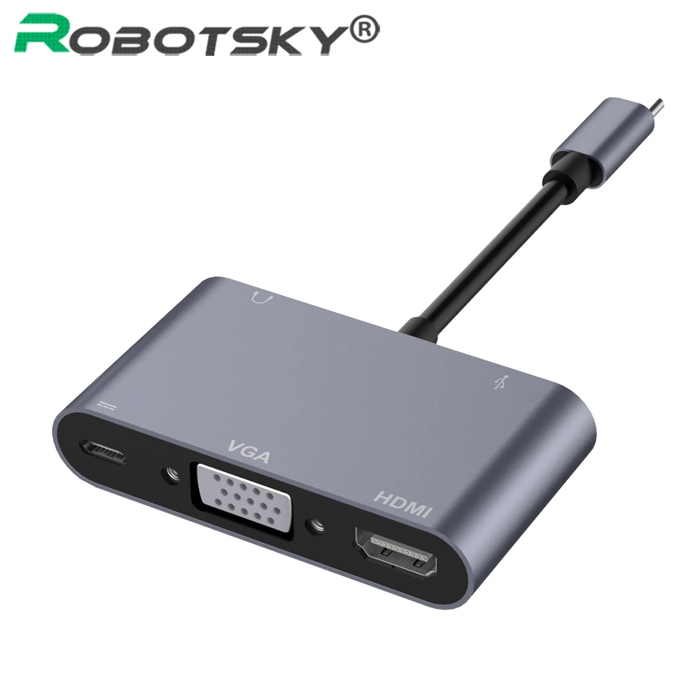 Tanie Robotsky USB typu C C Hub 5 w 1 VGA 2 K * 4 K HDMI PD 3.5mm Jack USB3.0 Adapter Connector dla MacBook Pro 1080 P HDTV projektora