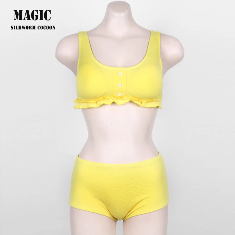 Red Black High Waist Bikini Set New Ruffle Backless Swimming Suit Women Solid Sexy Chest Button Swimwear Girl Beach Swimsuits
